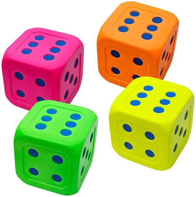 Main image of Macro Giant Jumbo 6-Inch Soft Foam Dice (Set of 4) Neon Colors Oversized PU Foam Cubes for Classroom Math Games & Early Learning