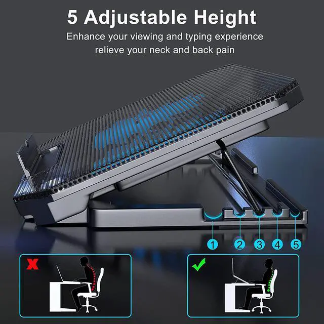 Alt view image 3 of 6 - Laptop Cooling Pad with Adjustable Height Two 5.1 Inches Fan 2 USB Ports Suitable for 12"-15.6" Laptops(Black)
