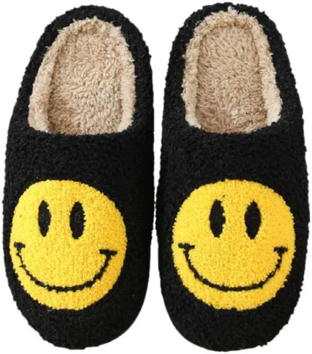 Main image of Smiley Face Slippers for Women - Black - Soft Plush Fluffy Upper provides you a Super Cozy and Comfortable Slipper with Rubber Sole so they dont get Wet