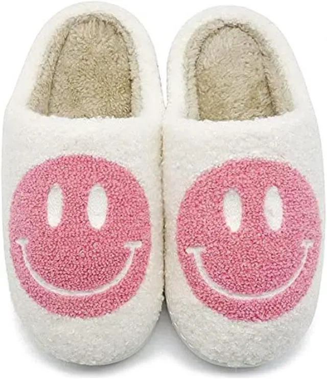 Main image of Smiley Face Slippers for Women - Cream/Pink - Soft Plush Fluffy Upper provides you a Super Cozy and Comfortable Slipper with Rubber Sole so they dont get Wet