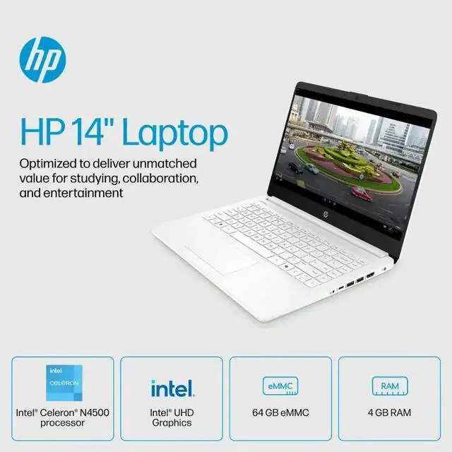Alt view image 2 of 5 - HP 14 Chromebook Laptop - Intel Celeron N4500 - 16GB RAM,64GB eMMC - Win 11 Pro - White
