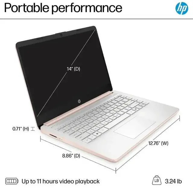 Alt view image 3 of 5 - HP 14 laptop,14" HD(1366 x 768),Intel N150 Processor,8GB RAM,128GB SSD,Win 11 Pro,Pale Rose Gold