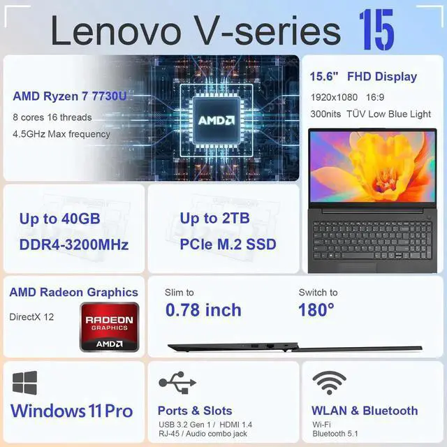 Alt view image 2 of 4 - Lenovo V-Series V15 Business Laptop, 15.6" FHD Display, AMD Ryzen 7 7730U,8GB RAM, 256GB SSD,Wi-Fi, Windows 11 Pro, Black