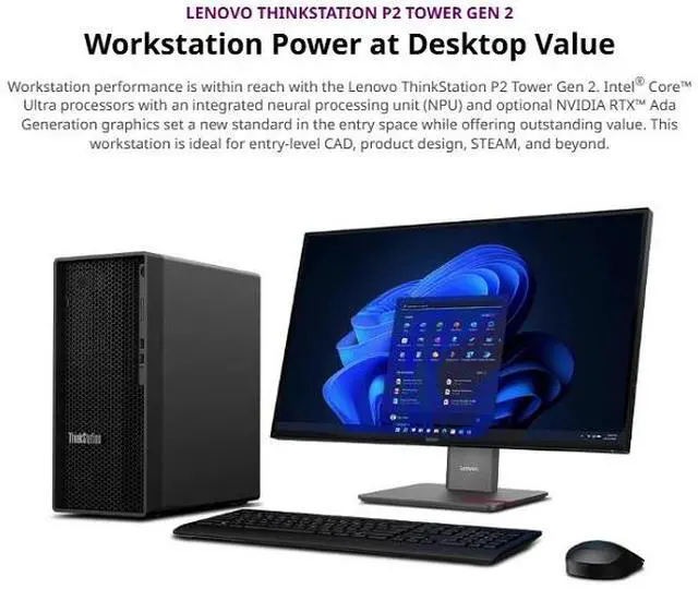 Alt view image 2 of 6 - Lenovo ThinkStation P2 Gen 2 Tower AI-Processing Workstation -Intel Core Ultra 5 225 -NVIDIA GeForce RTX 5060 -32 GB DDR5 RAM(4 x 8GB),512 GB SSD -Win 11 Pro