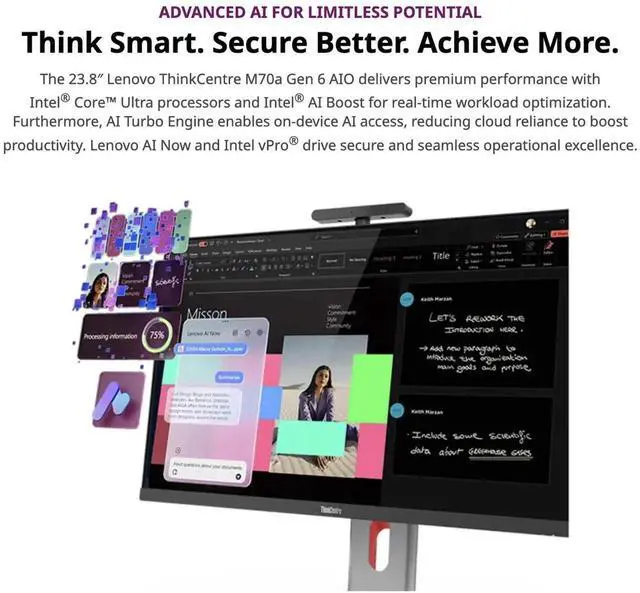 Alt view image 2 of 5 - Lenovo ThinkCentre M70a Gen 6 23.8" FHD Touch All-in-one Desktop -Intel Core Ultra 7 265T vPro + Intel AI Boost -16 GB DDR5 RAM,1 TB SSD -Win 11 Pro