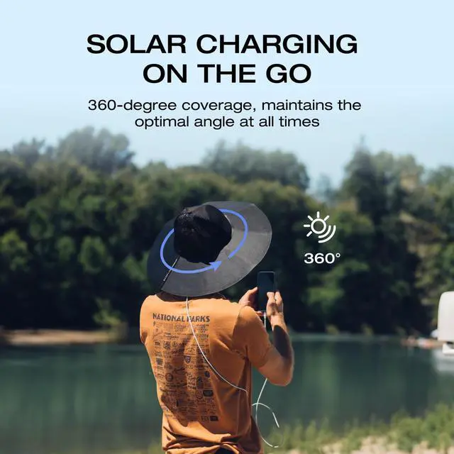 Alt view image 2 of 7 - EcoFlow Power Hat, Solar Charging Bucket Fishing Hat, Dual USB-A/USB-C Ports, SPF 50+ Wide Brim Sun Hats for Women, Men, Portable for Outdoor, Hiking, Mountain Climbing -Medium 22.8 in, Black