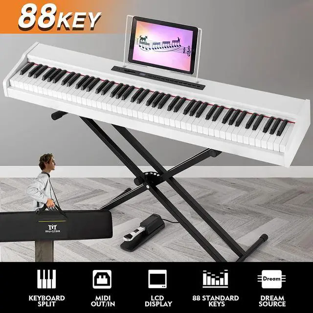 Alt view image 3 of 7 - Mustar 88-Key Electronic Digital Piano, Semi Weighted Keys, MDF, Double tube Stand, MIDI USB, Storage Bag, Sustain Pedal, Power Supply, Built-in speaker (White)