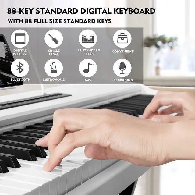 Alt view image 4 of 7 - Mustar 88-Key Electronic Digital Piano, Semi Weighted Keys, MDF, Double tube Stand, MIDI USB, Storage Bag, Sustain Pedal, Power Supply, Built-in speaker (White)