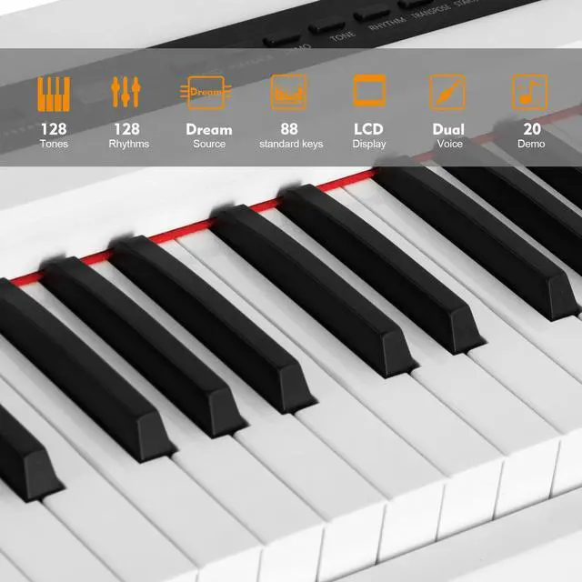 Alt view image 5 of 7 - Mustar 88-Key Electronic Digital Piano, Semi Weighted Keys, MDF, Double tube Stand, MIDI USB, Storage Bag, Sustain Pedal, Power Supply, Built-in speaker (White)