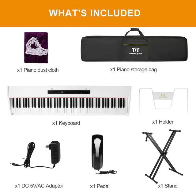 Alt view image 7 of 7 - Mustar 88-Key Electronic Digital Piano, Semi Weighted Keys, MDF, Double tube Stand, MIDI USB, Storage Bag, Sustain Pedal, Power Supply, Built-in speaker (White)