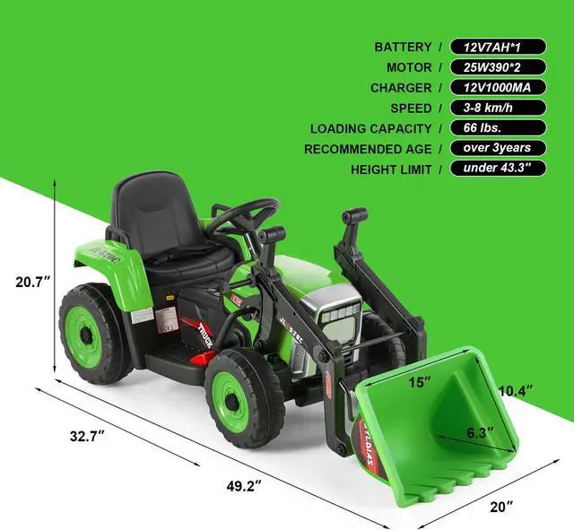 Alt view image 2 of 6 - JOYLDIAS 12V Kids Ride On Excavator 3 Speeds Electric Construction Vehicle Digger with Remote Control, Bluetooth, Microphone Jack, Music, Lights (Green)