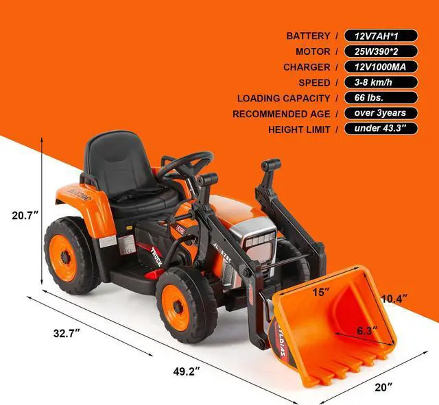 Alt view image 2 of 6 - JOYLDIAS 12V Kids Ride On Excavator 3 Speeds Electric Construction Vehicle Digger with Remote Control, Bluetooth, Microphone Jack, Music, Lights (Orange)