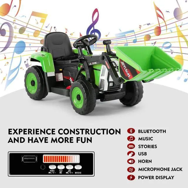 Alt view image 6 of 6 - JOYLDIAS 12V Kids Ride On Excavator 3 Speeds Electric Construction Vehicle Digger with Remote Control, Bluetooth, Microphone Jack, Music, Lights (Green)