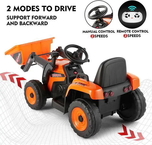 Alt view image 4 of 6 - JOYLDIAS 12V Kids Ride On Excavator 3 Speeds Electric Construction Vehicle Digger with Remote Control, Bluetooth, Microphone Jack, Music, Lights (Orange)