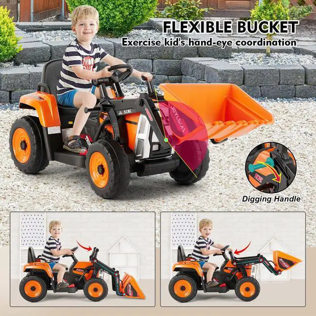 Alt view image 3 of 6 - JOYLDIAS 12V Kids Ride On Excavator 3 Speeds Electric Construction Vehicle Digger with Remote Control, Bluetooth, Microphone Jack, Music, Lights (Orange)