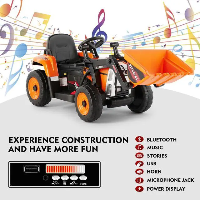 Alt view image 6 of 6 - JOYLDIAS 12V Kids Ride On Excavator 3 Speeds Electric Construction Vehicle Digger with Remote Control, Bluetooth, Microphone Jack, Music, Lights (Orange)