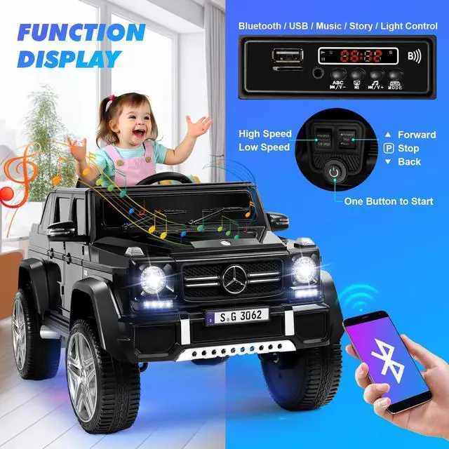 Alt view image 4 of 6 - JOYLDIAS 12V Kids Ride on Car 3 Speeds Licensed Mercedes-Benz Electric Toy w/ Bluetooth, Remote Control, LED Lights (Black)