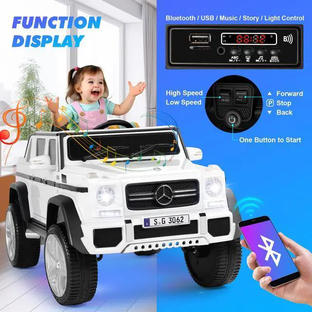 Alt view image 4 of 5 - JOYLDIAS 12V Kids Ride on Car 3 Speeds Licensed Mercedes-Benz Electric Toy w/ Bluetooth, Remote Control, LED Lights (White)
