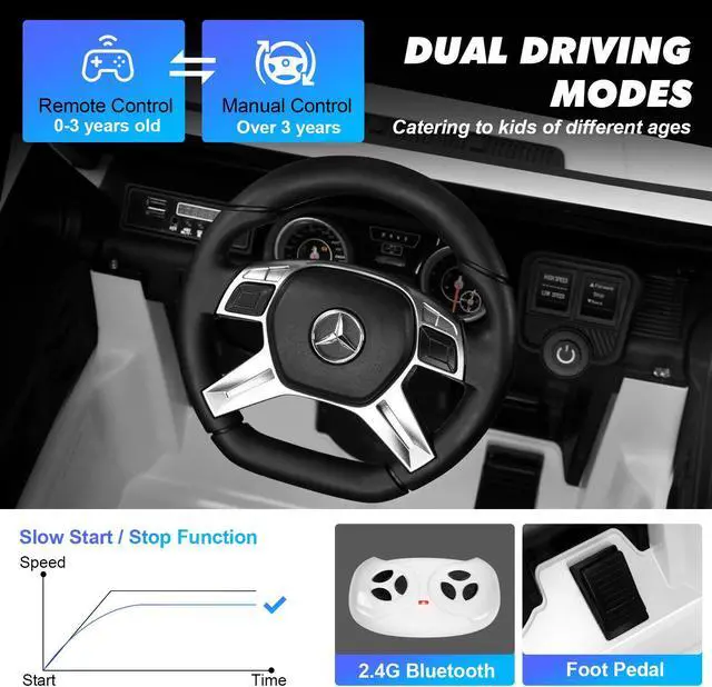 Alt view image 3 of 5 - JOYLDIAS 12V Kids Ride on Car 3 Speeds Licensed Mercedes-Benz Electric Toy w/ Bluetooth, Remote Control, LED Lights (White)