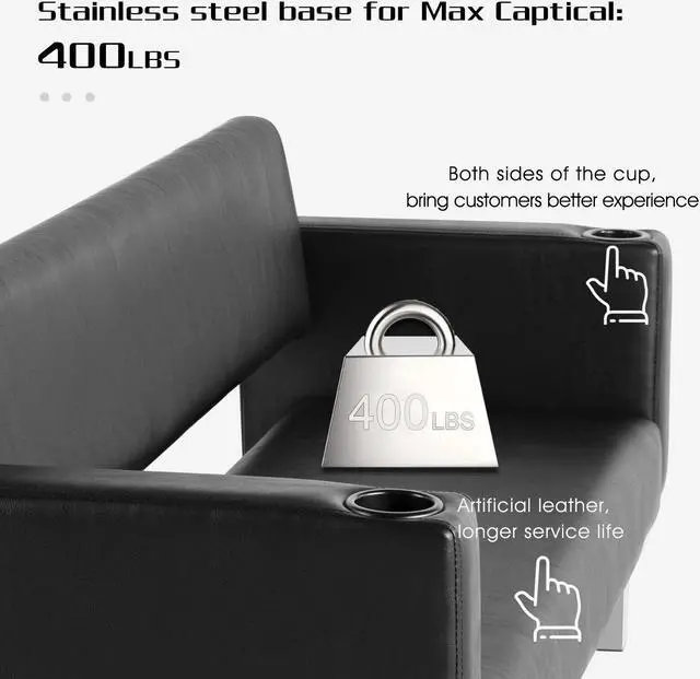 Alt view image 3 of 6 - Artist Hand 60.6" Waiting Room Bench Black Salon Reception Chair Office Couch with 2 Cup Holder