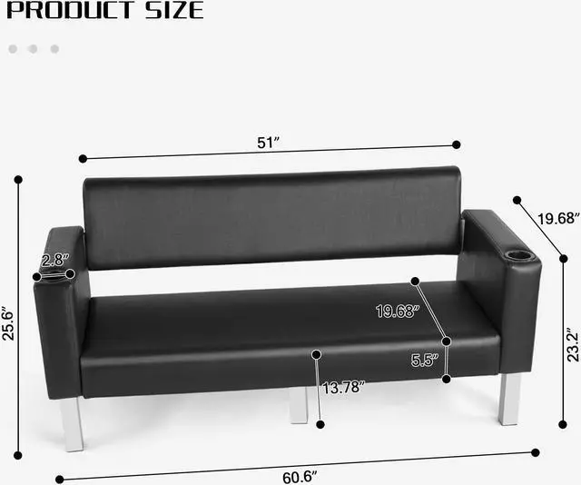 Alt view image 2 of 6 - Artist Hand 60.6" Waiting Room Bench Black Salon Reception Chair Office Couch with 2 Cup Holder