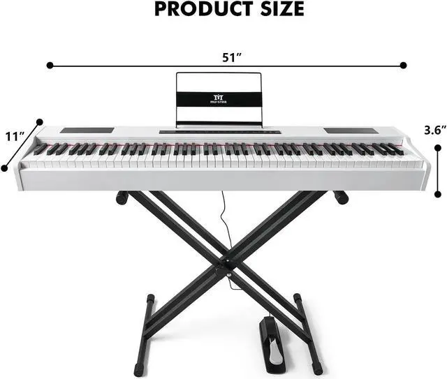 Alt view image 2 of 6 - Mustar Weighted Digital Keyboard Piano 88 Keys Hammer Action with Stand, Bluetooth, Portable Case, Sustain Pedal (White)