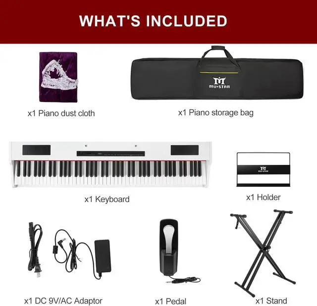Alt view image 3 of 6 - Mustar Weighted Digital Keyboard Piano 88 Keys Hammer Action with Stand, Bluetooth, Portable Case, Sustain Pedal (White)