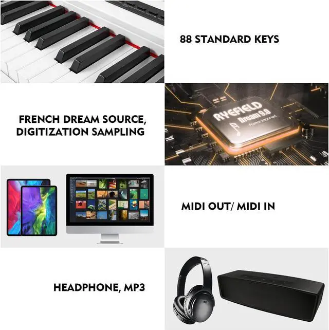 Alt view image 4 of 6 - Mustar Weighted Digital Keyboard Piano 88 Keys Hammer Action with Stand, Bluetooth, Portable Case, Sustain Pedal (White)