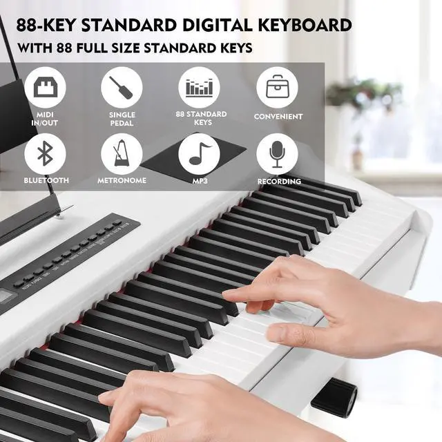 Alt view image 6 of 6 - Mustar Weighted Digital Keyboard Piano 88 Keys Hammer Action with Stand, Bluetooth, Portable Case, Sustain Pedal (White)
