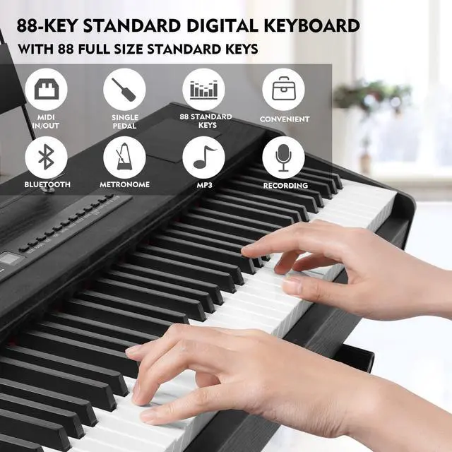 Alt view image 4 of 6 - Mustar Weighted Digital Keyboard Piano 88 Keys Hammer Action with Stand, Bluetooth, Portable Case, Sustain Pedal (Black)