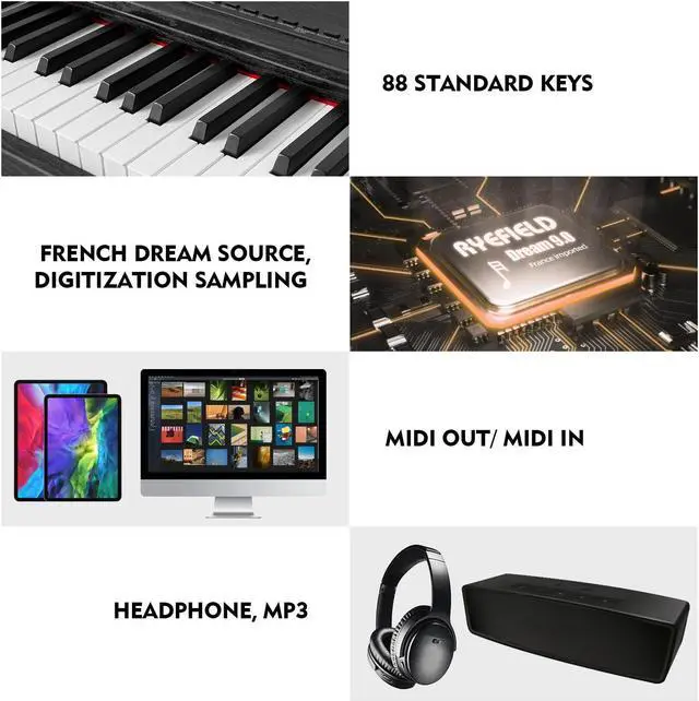 Alt view image 6 of 6 - Mustar Weighted Digital Keyboard Piano 88 Keys Hammer Action with Stand, Bluetooth, Portable Case, Sustain Pedal (Black)