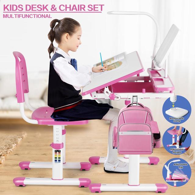 Artist Hand Kids Study Desk and Chair Set Height Adjustable Children Table Large Writing Board Desk with LED Lamp, Pull Out Drawer, Bookstand (Pink)