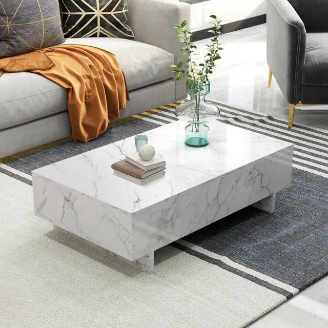 Alt view image 7 of 7 - COSVALVE 42.5" Rectangle High Gloss White Marble Coffee Table