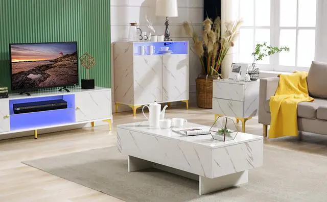Alt view image 6 of 7 - COSVALVE 42.5" Rectangle High Gloss White Marble Coffee Table