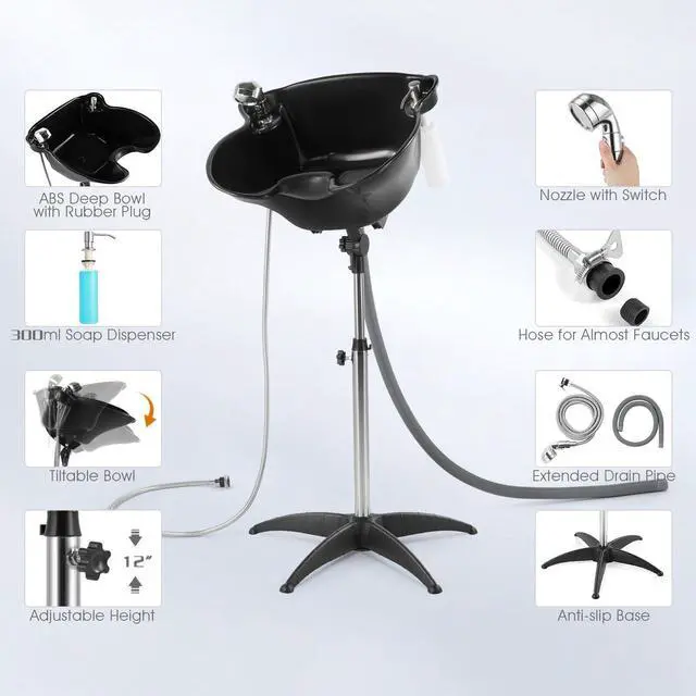 Alt view image 3 of 7 - Artist Hand Shampoo Bowl Portable Salon Sink with Adjustable Height and Drain; Sprinkler with Switch Hair Washing Basin
