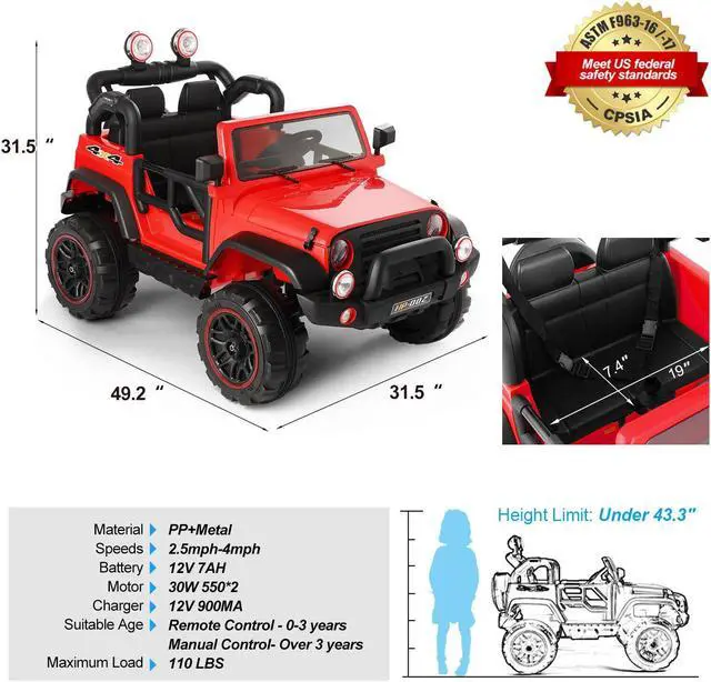 Alt view image 2 of 7 - JOYLDIAS 12V Battery Kids Red Ride on Truck Car Toys Black w/ MP3, LED Light, RC, Cover