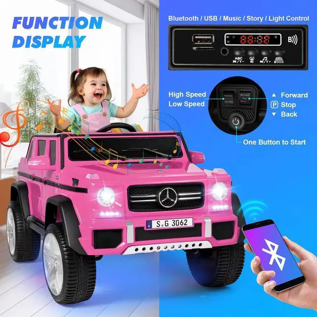 Alt view image 7 of 7 - JOYLDIAS 12V Kids Ride on Car 3 Speeds Licensed Mercedes-Benz Electric Toy with Bluetooth, Remote Control, LED Light (Pink)