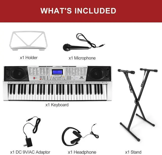 Alt view image 7 of 7 - Mustar 61 Keys Electric Piano Keyboard for Beginners with Lighted Up Keys, Stand, LCD Screen, Headphones, Microphone