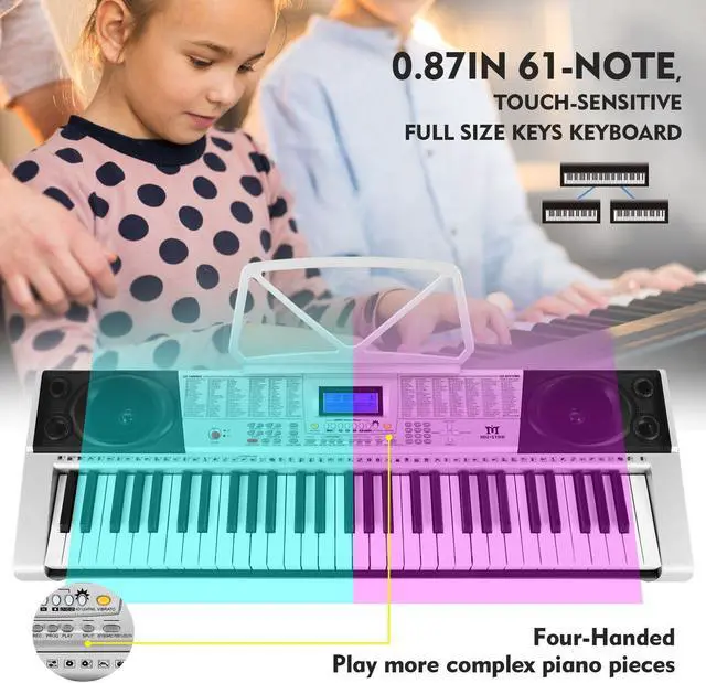 Alt view image 4 of 7 - Mustar 61 Keys Electric Piano Keyboard for Beginners with Lighted Up Keys, Stand, LCD Screen, Headphones, Microphone