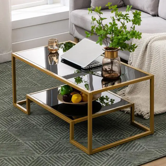 Alt view image 4 of 6 - Glass Coffee Table, Brass Accent Modern Tempered Glass Side Table, Additional Storage Shelf & Metal Frame, for Living Room Home Classy Furniture Office Decor