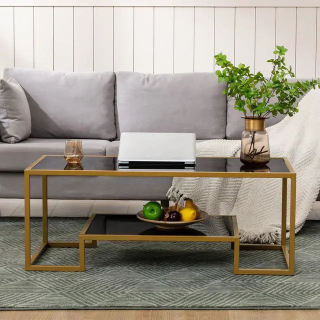 Alt view image 3 of 6 - Glass Coffee Table, Brass Accent Modern Tempered Glass Side Table, Additional Storage Shelf & Metal Frame, for Living Room Home Classy Furniture Office Decor
