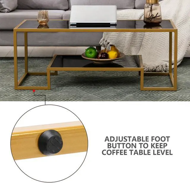 Alt view image 5 of 6 - Glass Coffee Table, Brass Accent Modern Tempered Glass Side Table, Additional Storage Shelf & Metal Frame, for Living Room Home Classy Furniture Office Decor