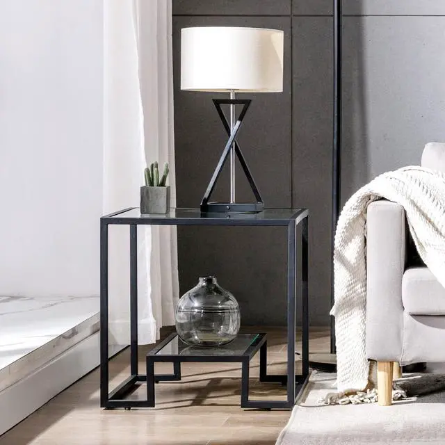Alt view image 2 of 5 - Metal Glass Sofa Console Tables, Accent Tempered Glass Side Table End Table, Armchair Table with Storage Shelf, for Living Room Home Classy Furniture Office Meeting Room Waiting Room (Clear-Black)