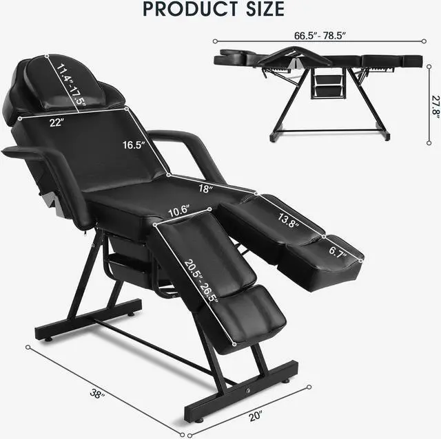 Alt view image 5 of 5 - Artist hand Tattoo Table with Adjustable Backrest Tattoo Chair for Client Facial Bed Massage Bed for Eyelash Extensions Salon Chair with Tray, Split Footrests (Black)
