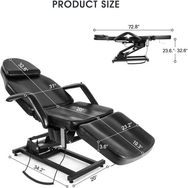 Alt view image 3 of 6 - Artist hand 3 Motor Electrical Facial Bed for Esthetician 110V Massage Table Beauty Bed Medical Aesthetic Tattoo Chair with Adjustments, Black