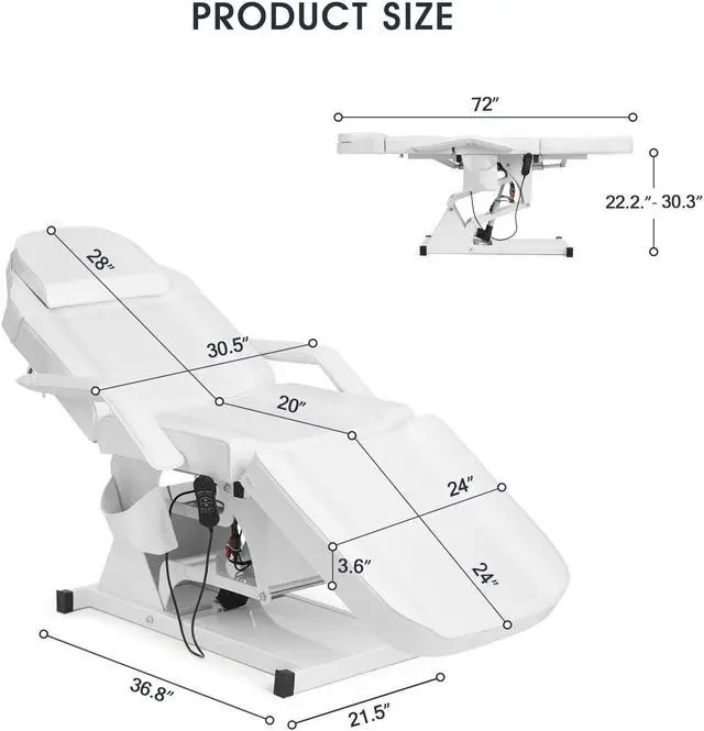 Alt view image 3 of 6 - Artist hand 3 Motor Electrical Facial Bed for Esthetician 110V Massage Table Beauty Bed Medical Aesthetic Tattoo Chair with Adjustments, White