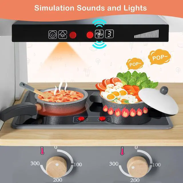 Alt view image 3 of 7 - JOYLDIAS Play Kitchen for Kids, Wooden Kids Play Kitchen Playset Chef Pretend Play Set for Toddlers with Real Lights & Sounds, Stove, Oven, Sink, Fridge, Cooking Accessories for Toddlers Age 3+ Years