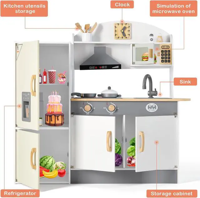 Alt view image 5 of 7 - JOYLDIAS Play Kitchen for Kids, Wooden Kids Play Kitchen Playset Chef Pretend Play Set for Toddlers with Real Lights & Sounds, Stove, Oven, Sink, Fridge, Cooking Accessories for Toddlers Age 3+ Years