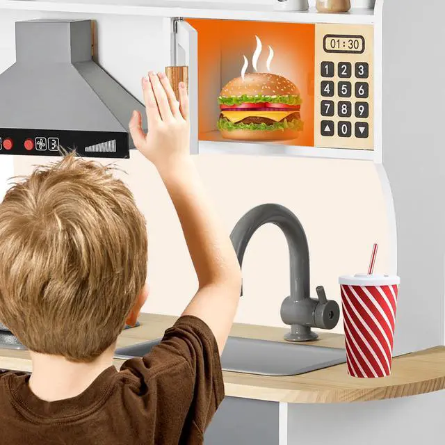 Alt view image 7 of 7 - JOYLDIAS Play Kitchen for Kids, Wooden Kids Play Kitchen Playset Chef Pretend Play Set for Toddlers with Real Lights & Sounds, Stove, Oven, Sink, Fridge, Cooking Accessories for Toddlers Age 3+ Years
