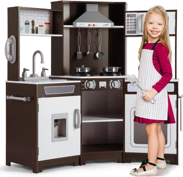 Main image of JOYLDIAS Kids Play Kitchen,Corner Wooden Pretend Toddler Kitchen Toys Playset with Realistic Lights & Sounds,Microwave Oven,Water Dispenser, Phone, Sink,Cooking Accessories, for Ages 3+, Brown